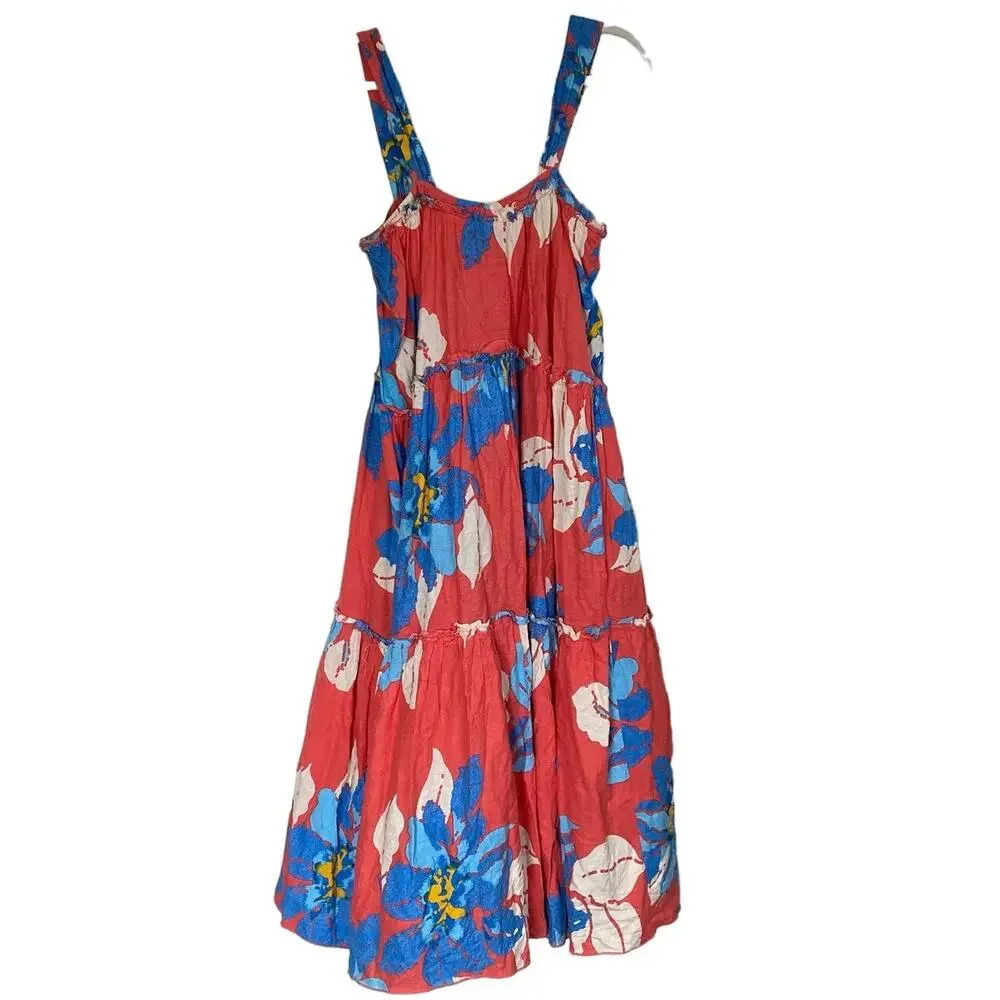 FREE PEOPLE Moonshine Midi Dress Linen Blend Floral Tropical Size Small Red Blue - Picture 2 of 8